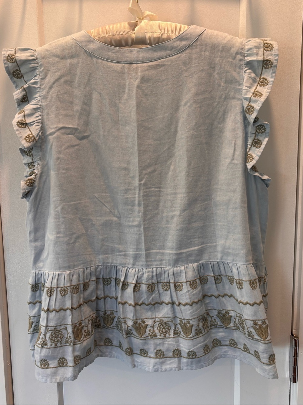 LOFT Light Blue Embroidered Babydoll Button Up Ruffle-Sleeve Women's Top - Picture 4 of 7